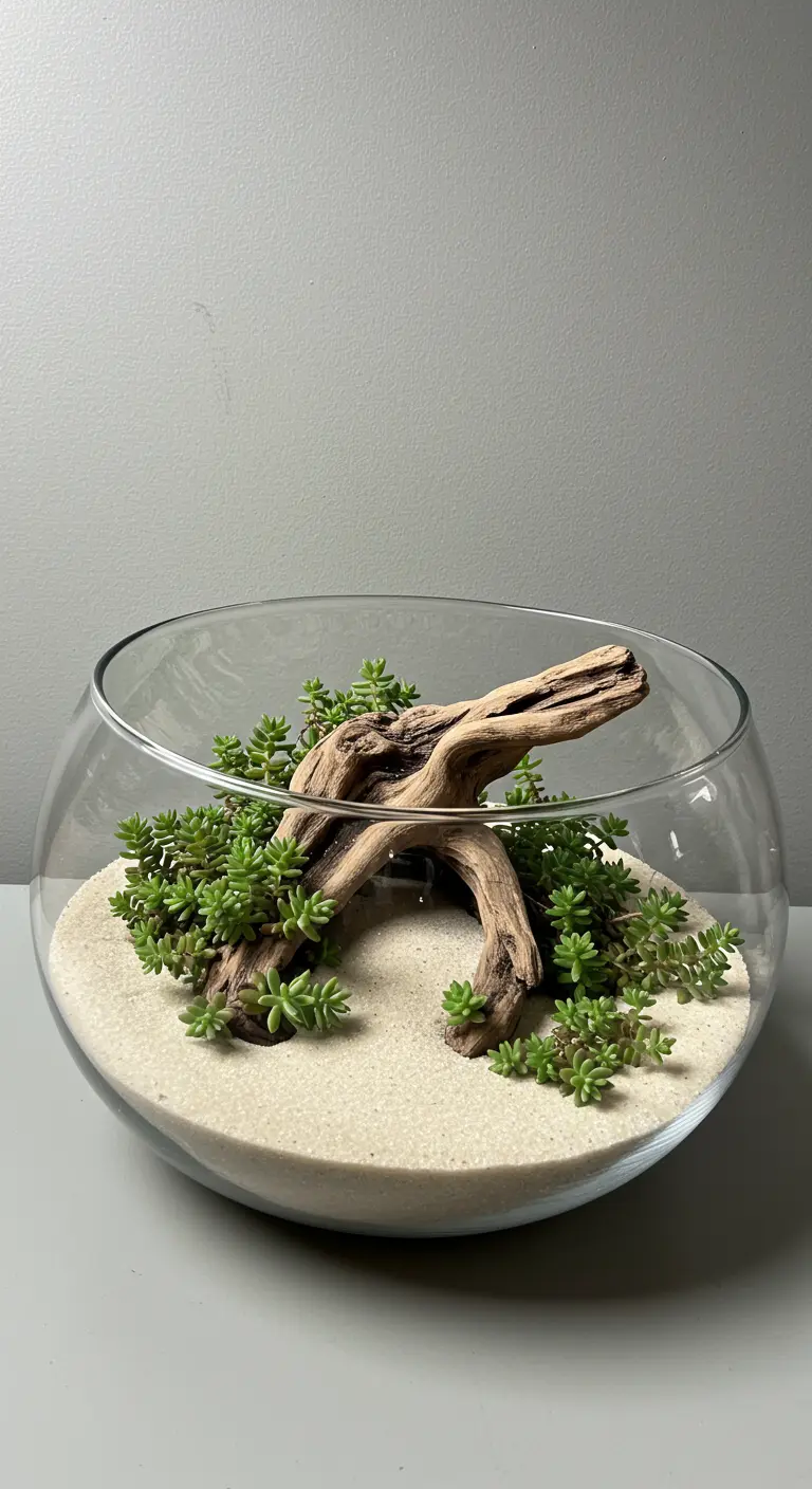 Grand bol en verre avec succulentes rampantes et une grande pièce de bois flotté.