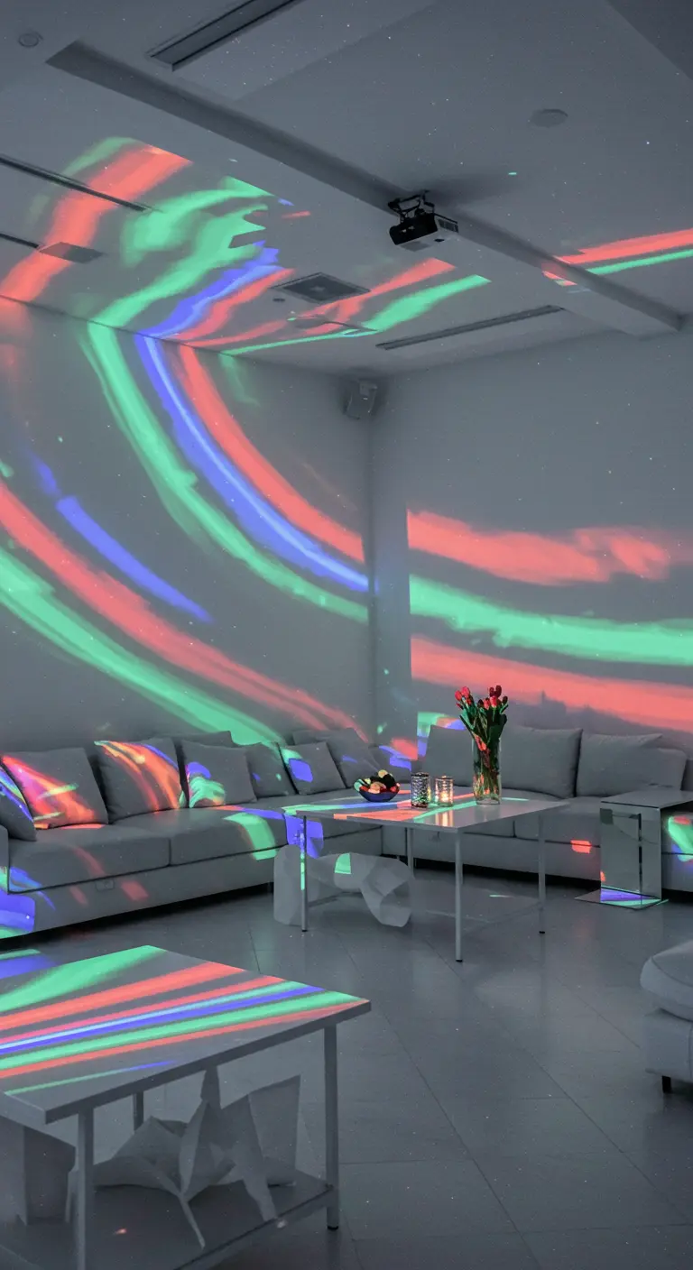 Salon blanc moderne éclairé par des projections de lumière colorées et ondulantes.