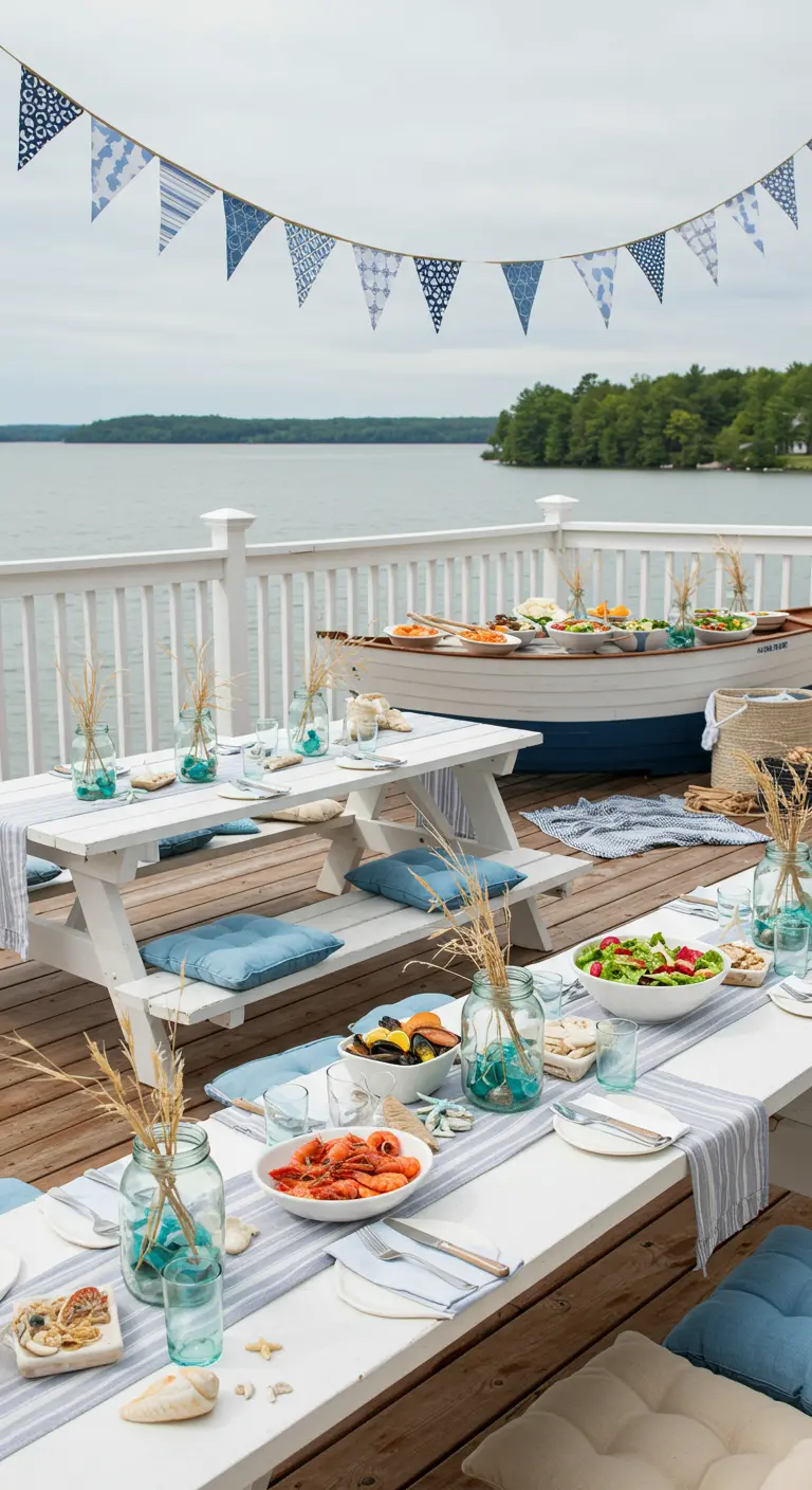 Décoration de fête au bord d'un lac avec tables de pique-nique, coussins bleus et guirlandes.