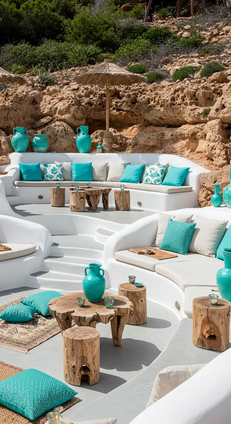 Salon d'extérieur à plusieurs niveaux intégré dans la roche, avec des coussins turquoise.