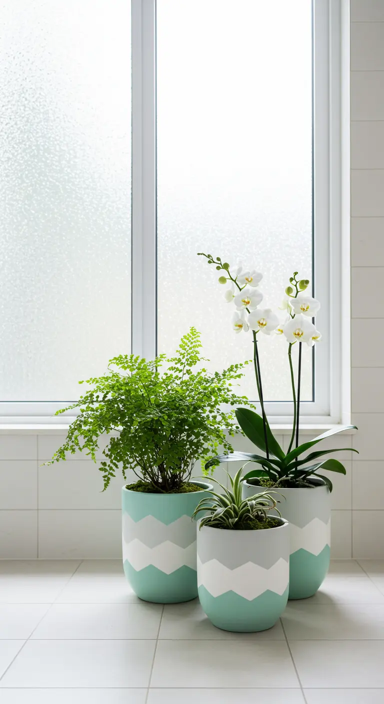 Pots de fleurs vert menthe et gris avec un motif de chevrons blancs.