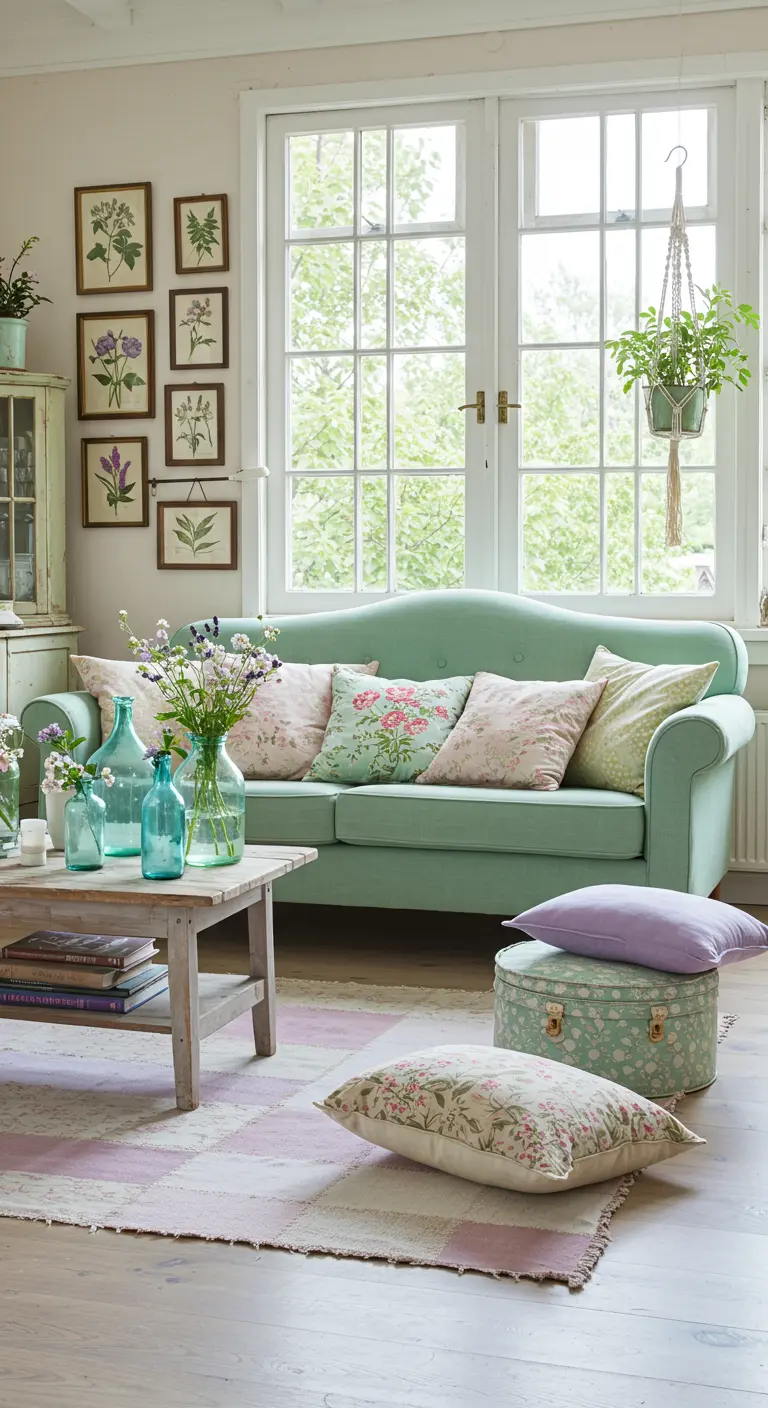 Salon d'été avec canapé vert d'eau, coussins fleuris, table basse en bois et vases en verre coloré.