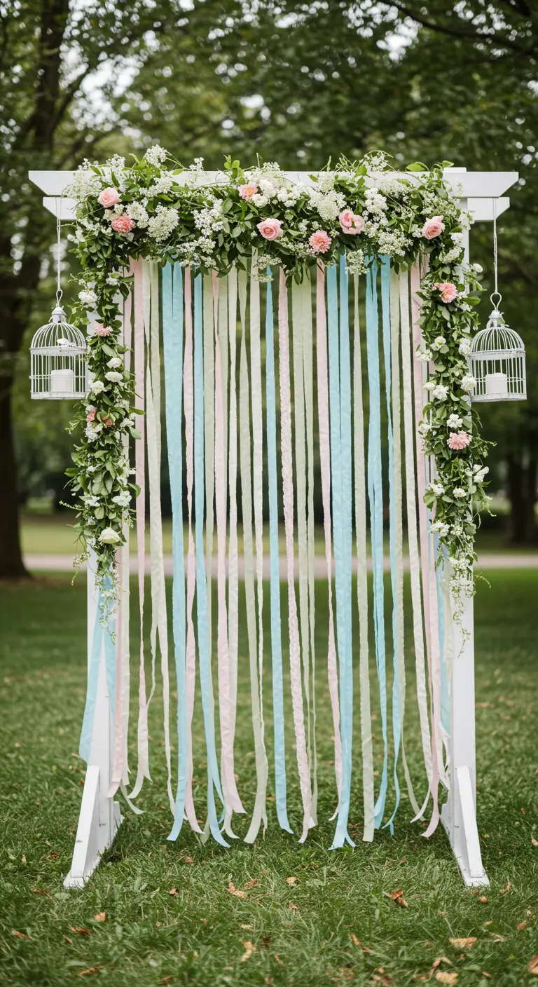 Arche blanche décorée de fleurs et d'un rideau de rubans pastel.