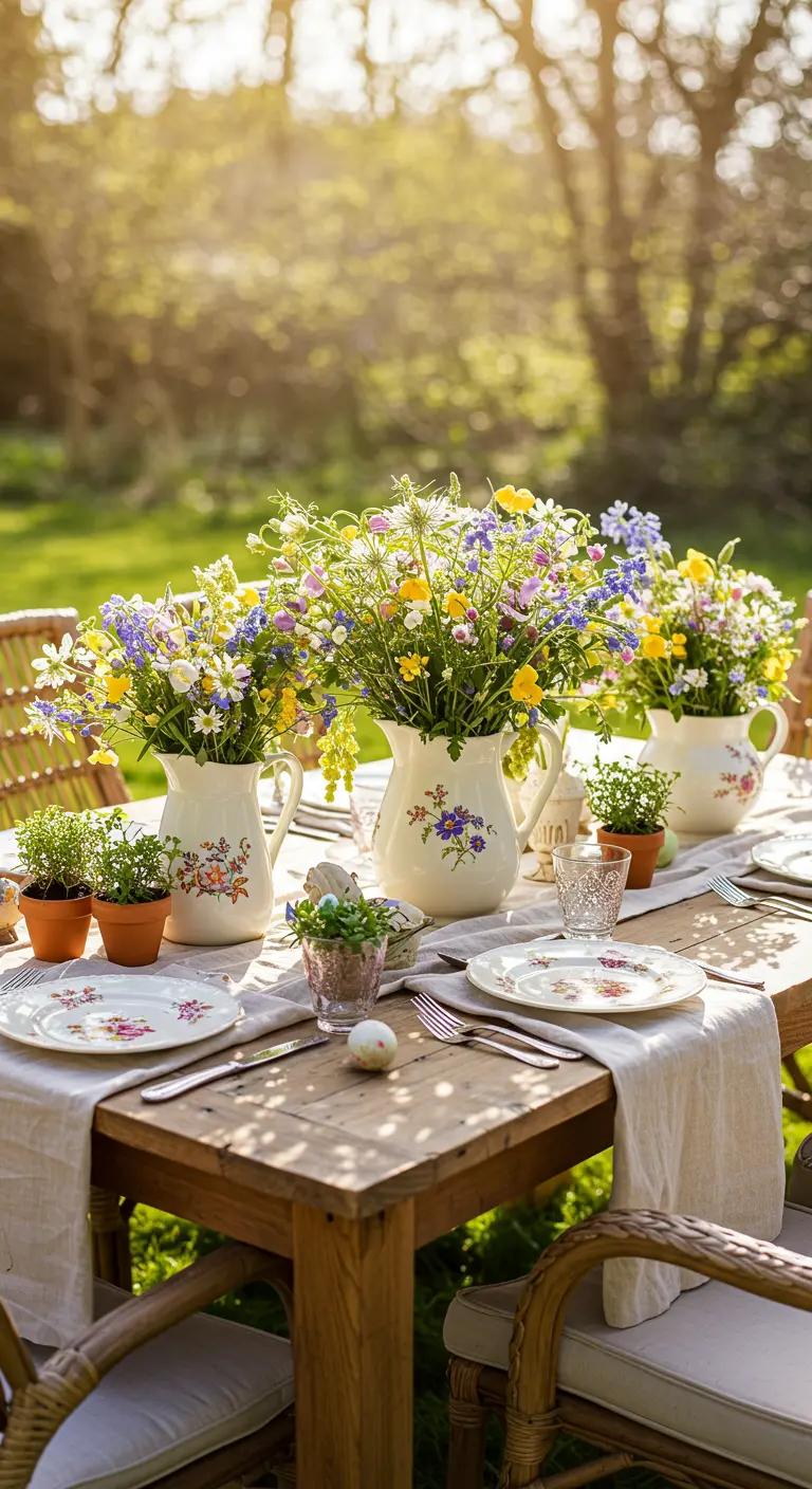 Table de Pâques champêtre avec pichets fleuris, vaisselle vintage et soleil doux en arrière-plan.