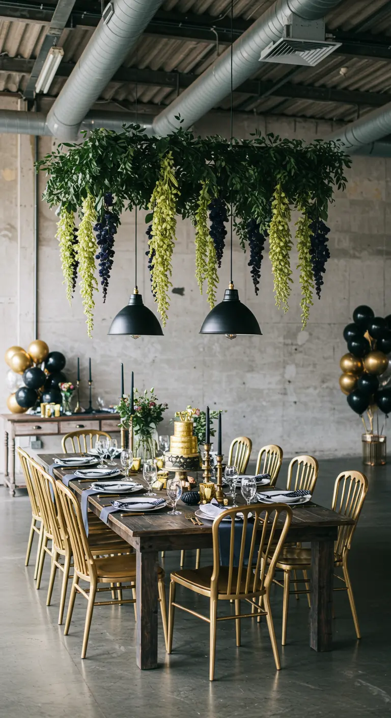 Table de fête dans un loft industriel avec une grande suspension végétale.