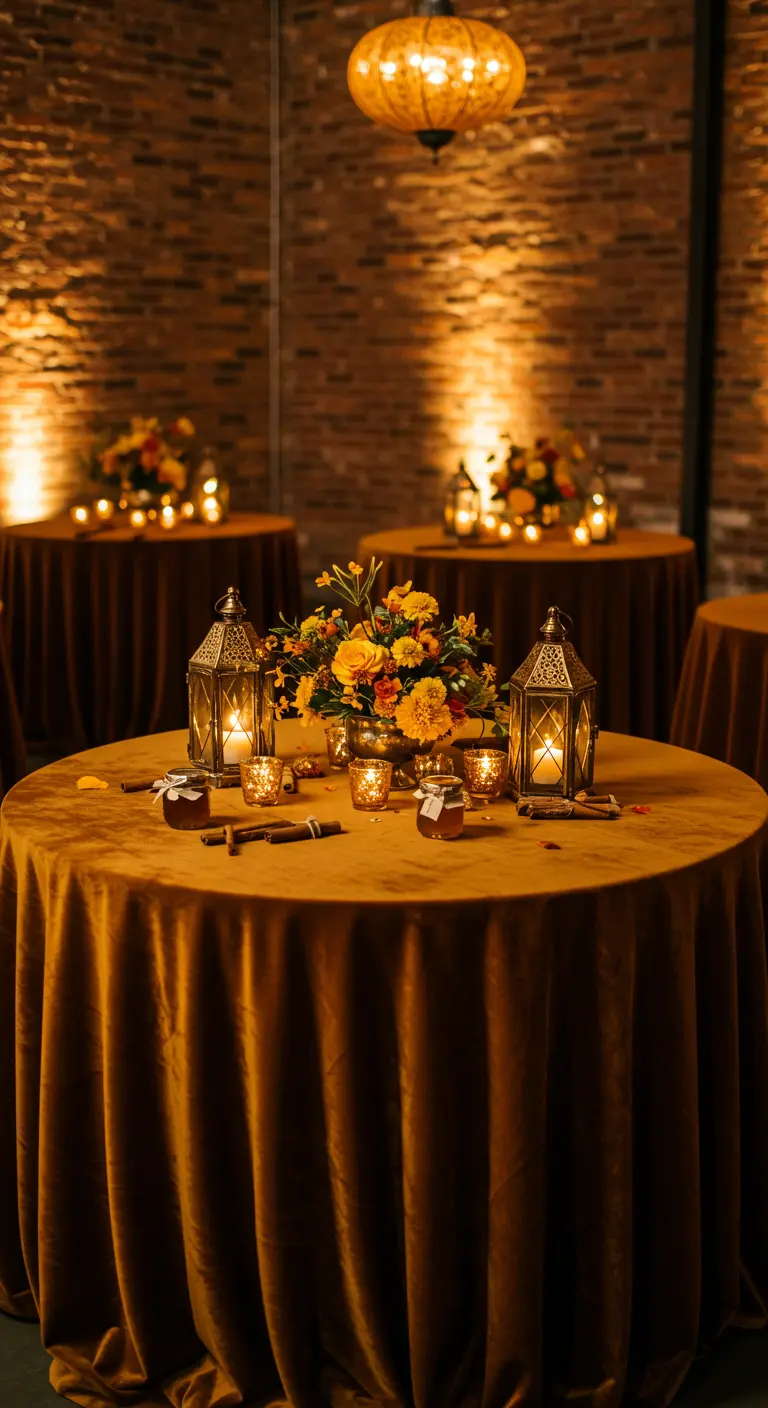 Table ronde avec nappe en velours doré, lanternes et fleurs jaunes.