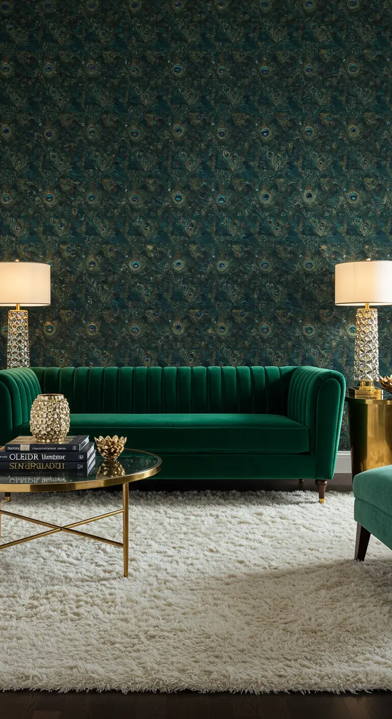 Canapé en velours vert émeraude sur un tapis shaggy blanc dans un décor Art Déco.