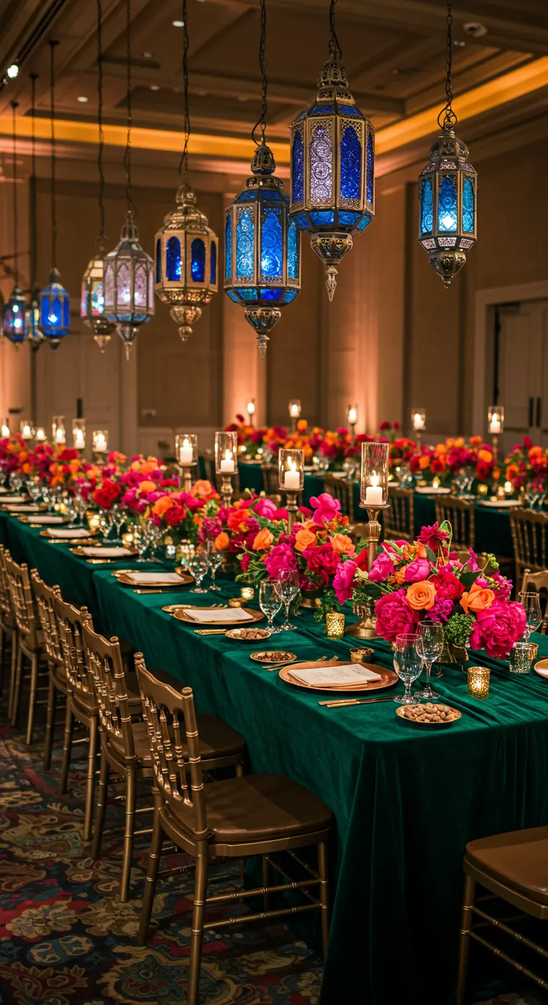 Table de banquet avec nappe verte, fleurs vives et lanternes bleues suspendues.