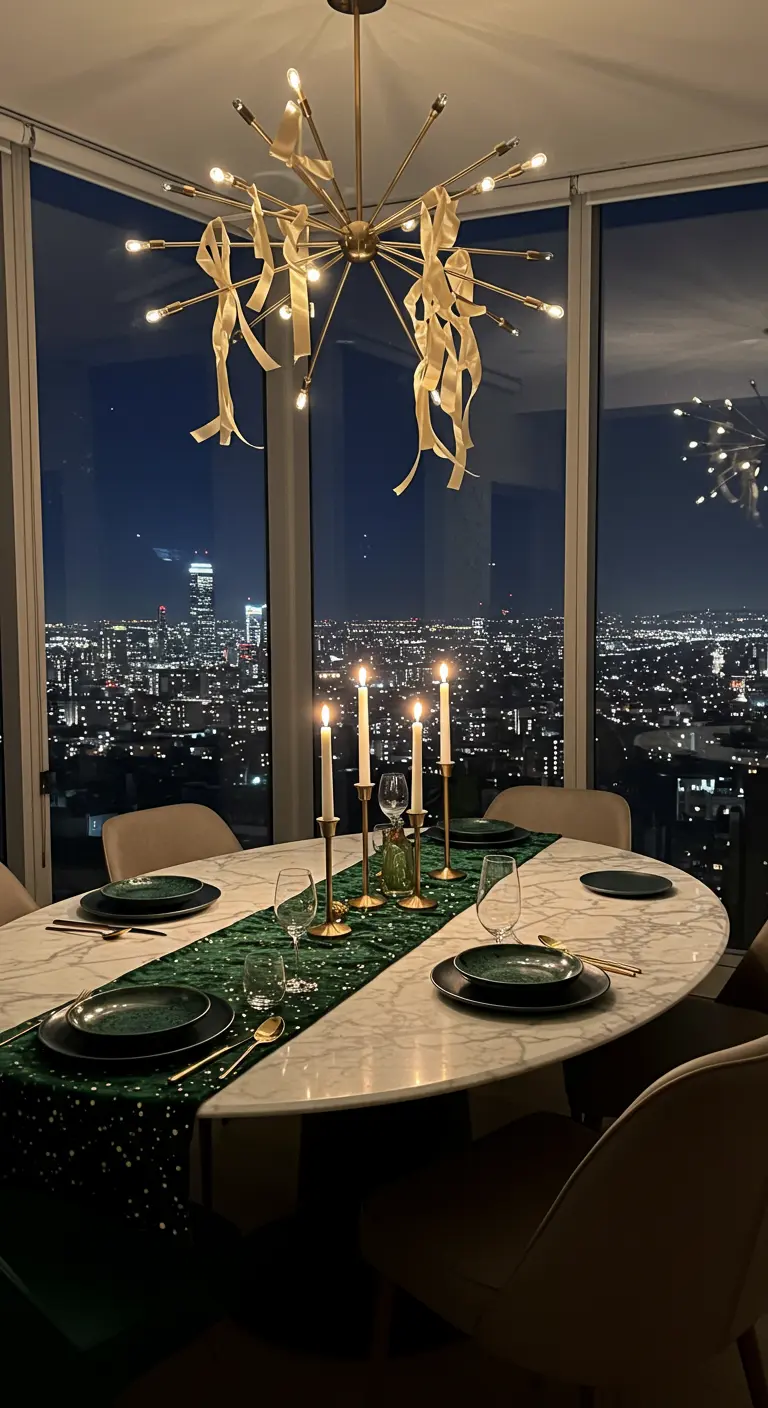 Table de fête ovale en marbre avec un chemin de table en velours vert émeraude.