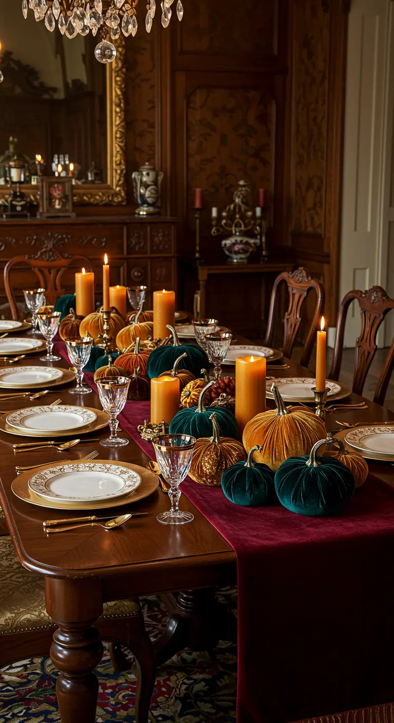 Une table en bois sombre avec un chemin de table bordeaux, décorée de citrouilles en velours, de bougies et de verres en cristal.