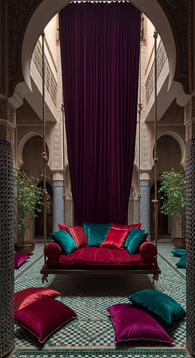 Balançoire en velours rouge dans un riad marocain