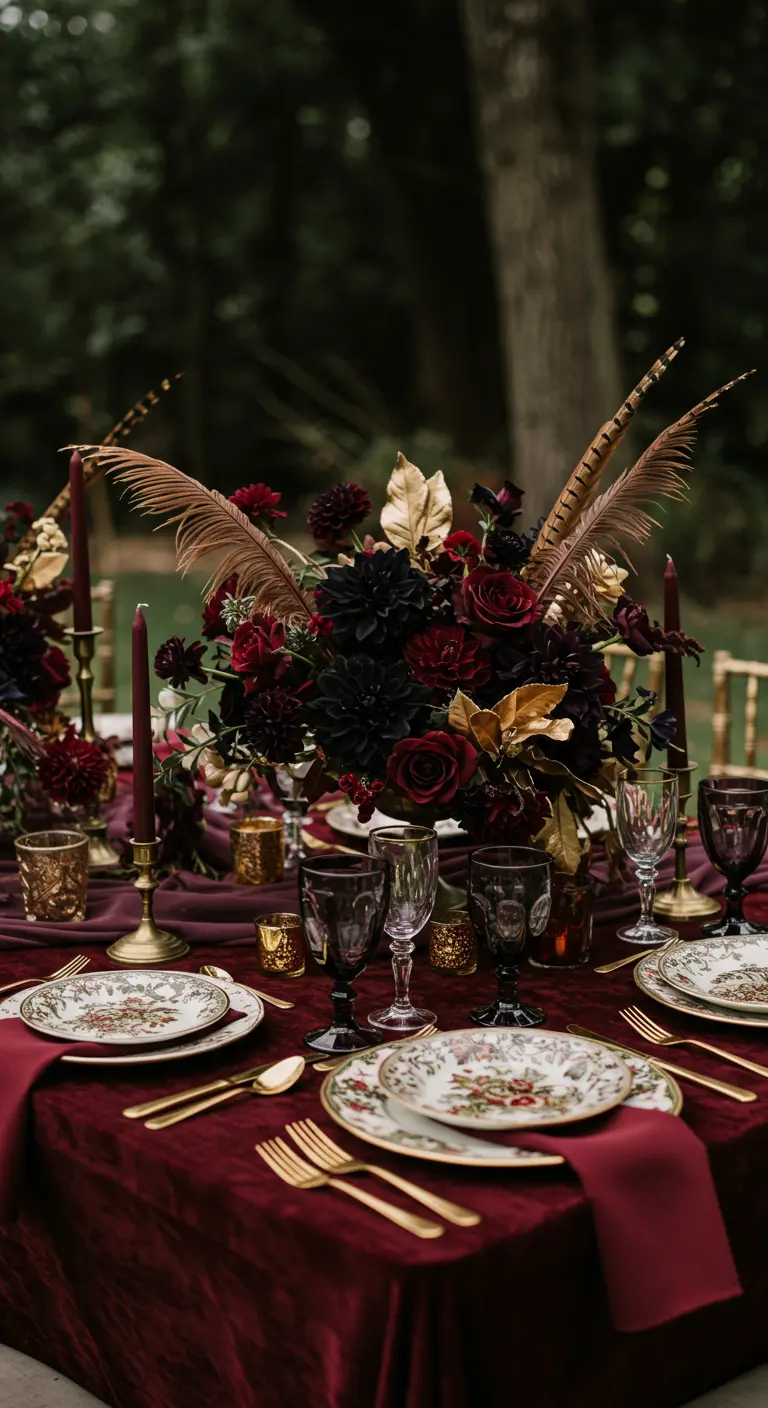 Table de mariage luxueuse avec nappe en velours bordeaux et fleurs sombres.