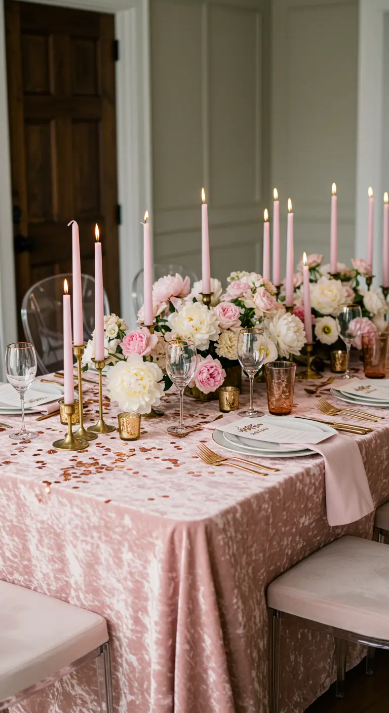 Table de dîner romantique avec nappe en velours rose, pivoines et bougies assorties.