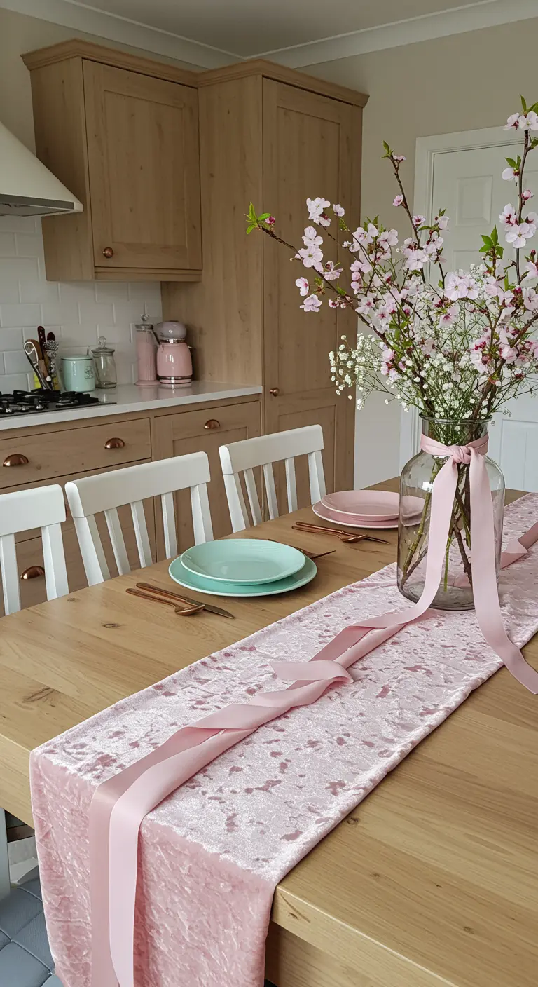 Table en bois avec un chemin de table en velours rose, des rubans et un vase de fleurs.