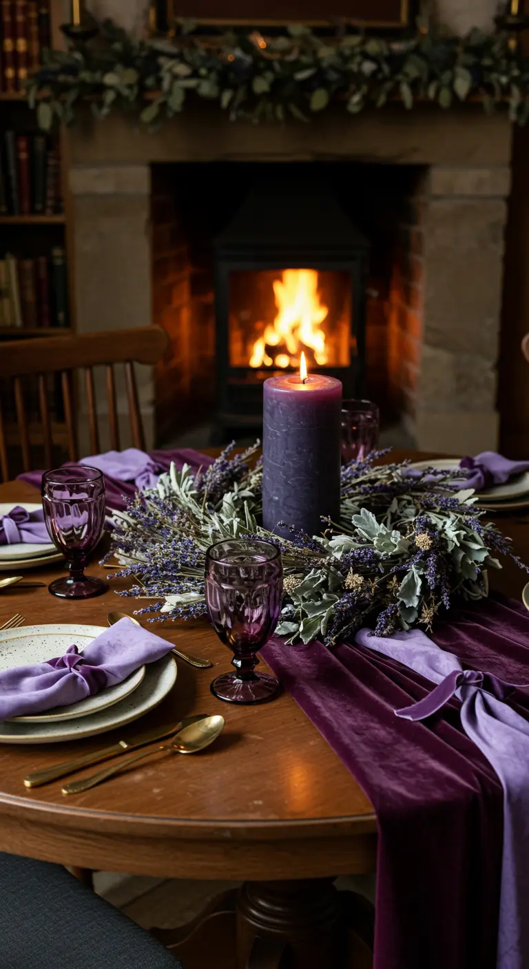 Table de fête devant une cheminée avec un chemin de table en velours pourpre et une couronne de lavande.