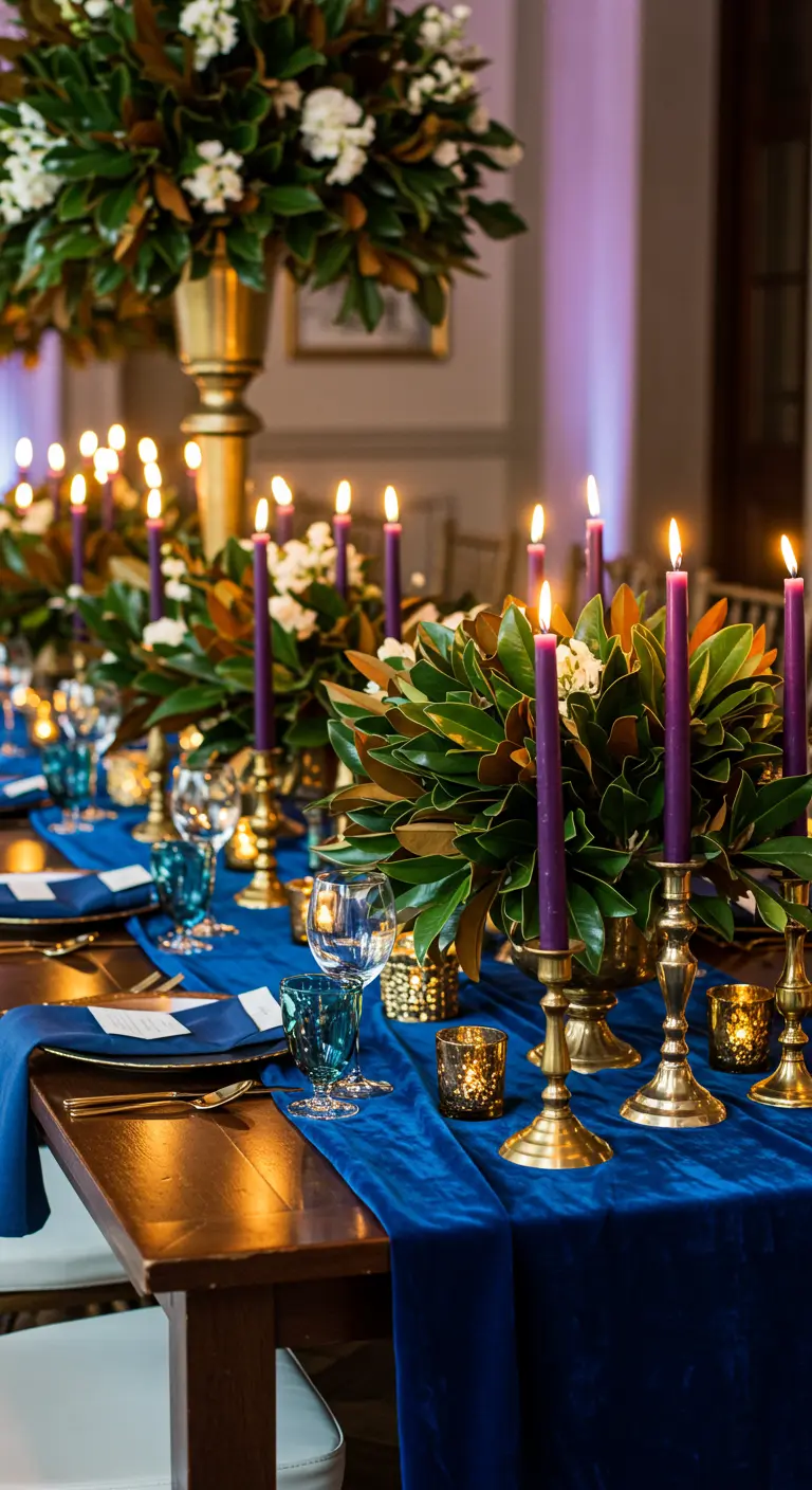 Table de fête avec chemin de table en velours bleu, feuilles et bougies violettes.