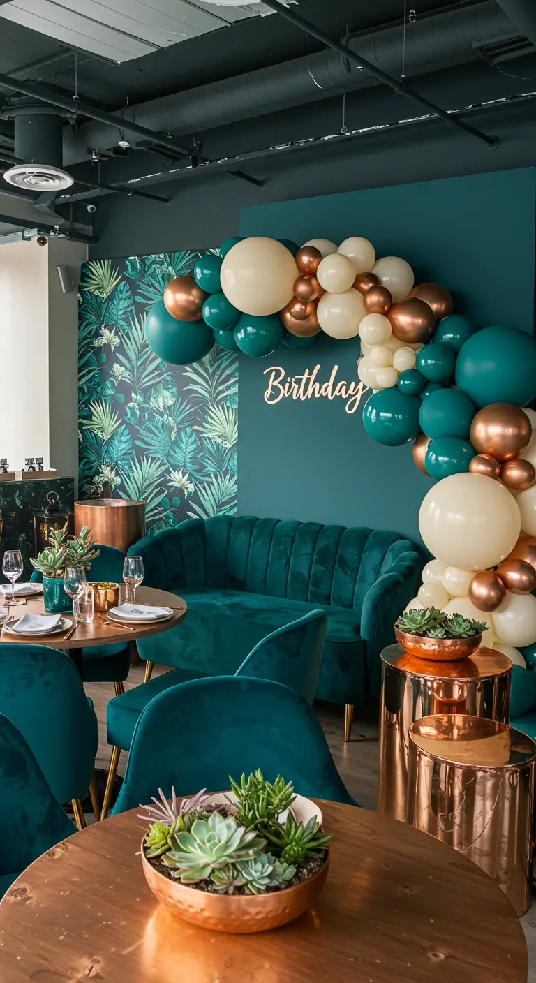 Coin lounge avec canapé en velours bleu sarcelle et ballons assortis.