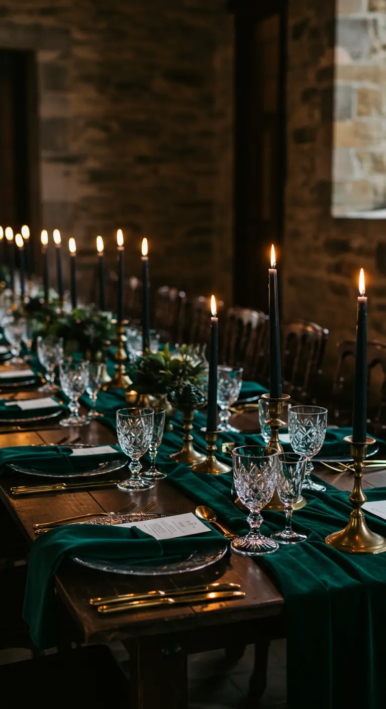 Table de banquet rustique avec un chemin de table en velours vert, des verres en cristal et des bougies noires.