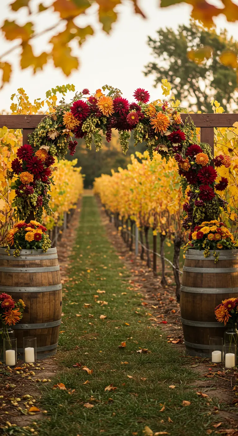 Arche de mariage dans un vignoble avec des fleurs d'automne sur des tonneaux.