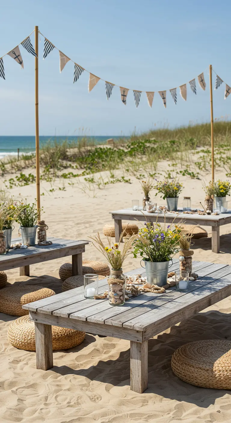 Pique-nique chic sur la plage avec tables basses en bois, coussins, bocaux de coquillages et guirlande de fanions marins.