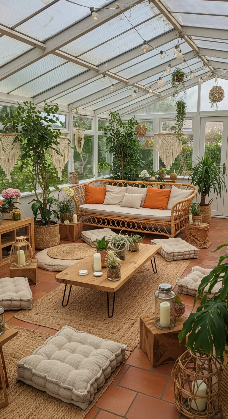 Plateau en bois avec air plants, bougies et objets naturels sur table basse dans une véranda bohème.