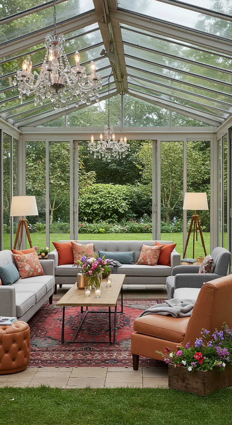 Intérieur de véranda lumineuse avec lustres, lampadaires et mobilier confortable.