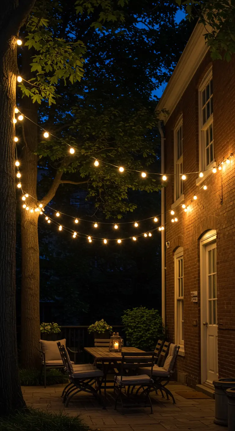 Véranda éclairée par une multitude de guirlandes lumineuses suspendues verticalement le long des vitres.