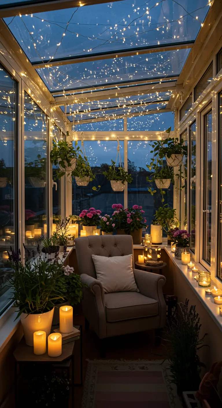 Véranda remplie de plantes avec un plafond couvert de guirlandes lumineuses.