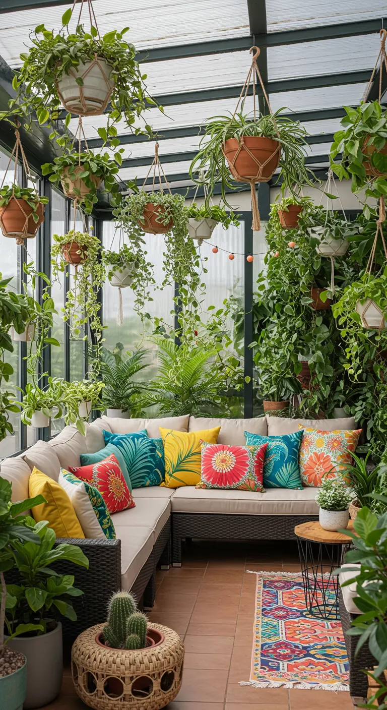 Véranda transformée en salon tropical avec de nombreuses plantes suspendues, coussins colorés et tapis ethnique.