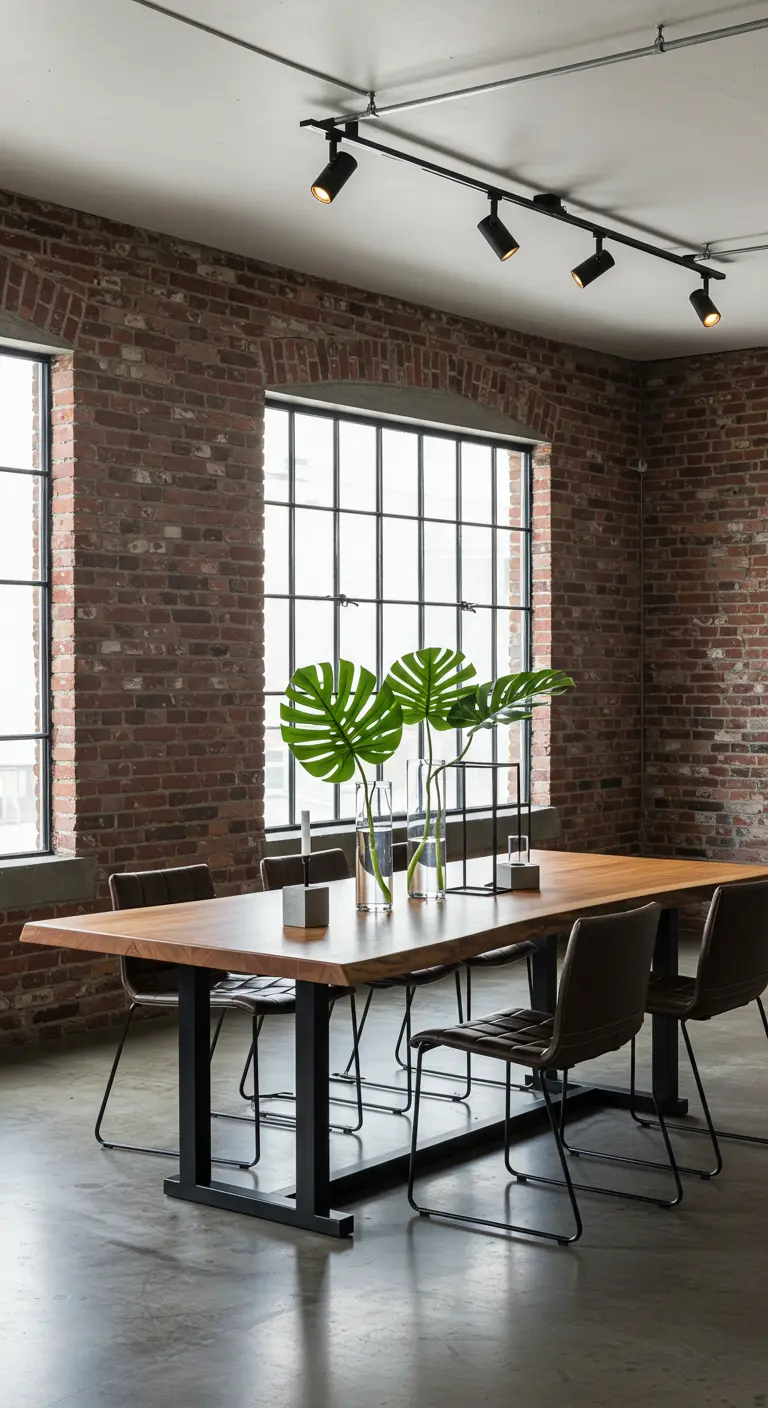 Salle à manger de style industriel avec une table en bois et un centre de table de grandes feuilles de Monstera dans des vases en verre.