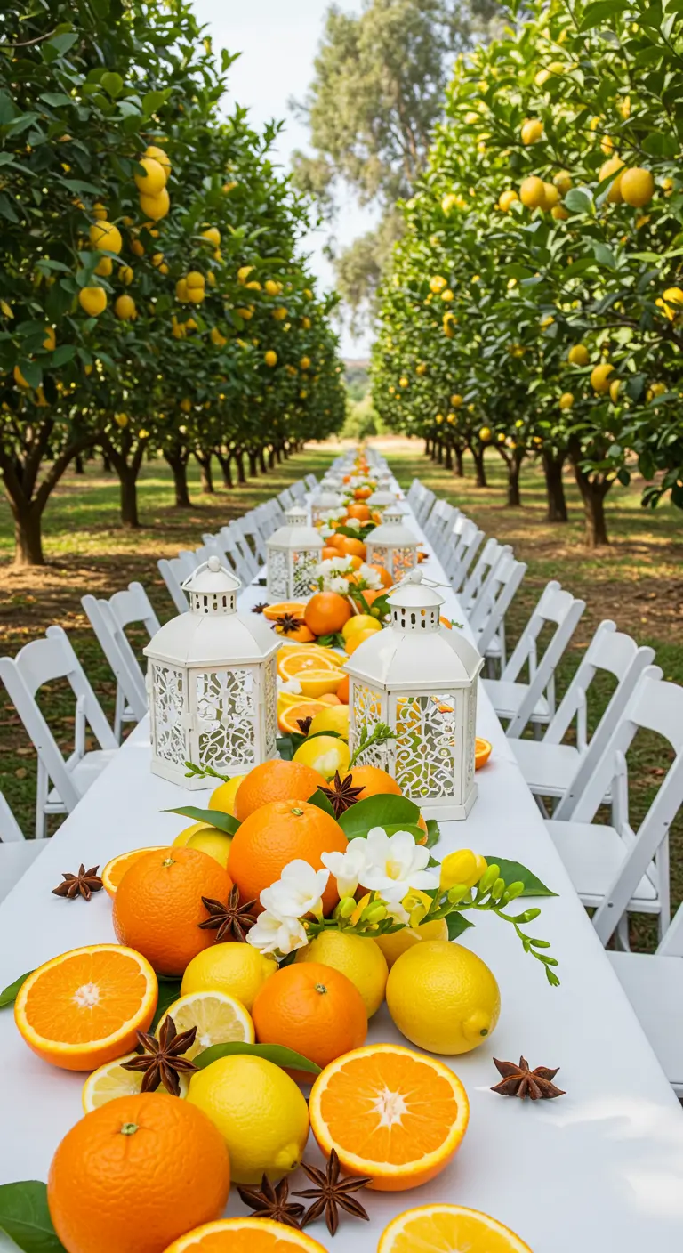 Longue table dans une orangeraie décorée de citrons, oranges et lanternes blanches.