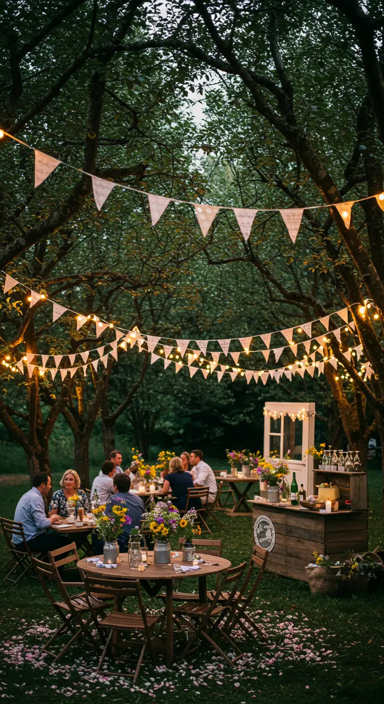 Dîner de fête dans un verger illuminé par des guirlandes lumineuses et des fanions, avec un bar champêtre.
