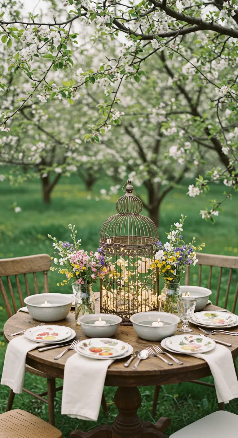 Table ronde sous arbre en fleurs, cage à oiseaux lumineuse, petits bouquets, vaisselle.