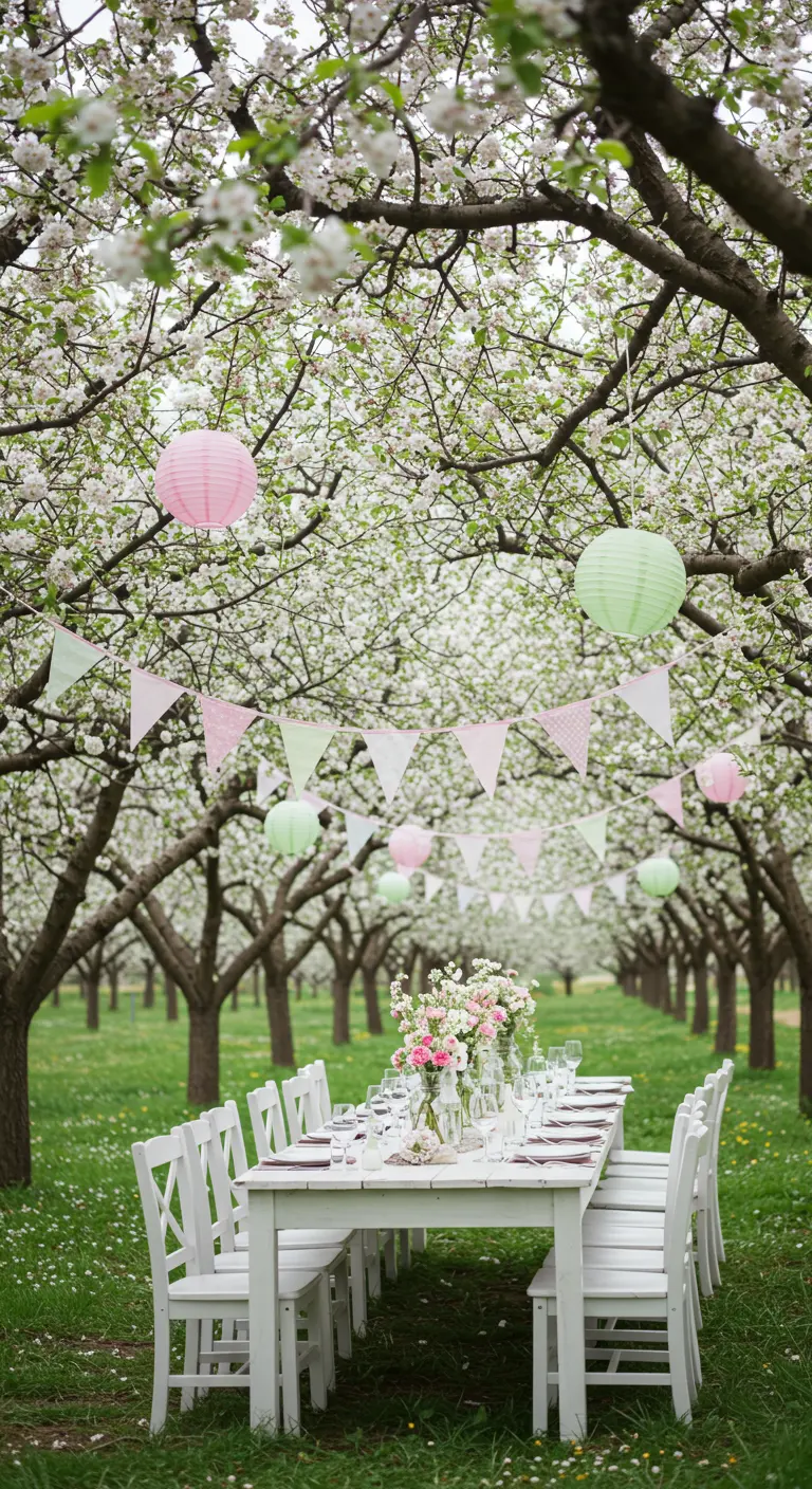 Dîner printanier sous un verger en fleurs avec tables et chaises blanches, lampions pastel et fanions.