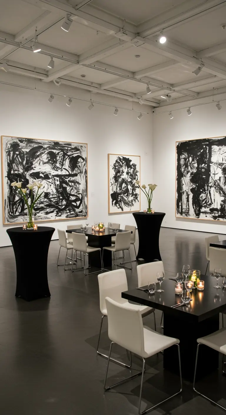 Réception dans une galerie d'art avec des peintures abstraites en noir et blanc.