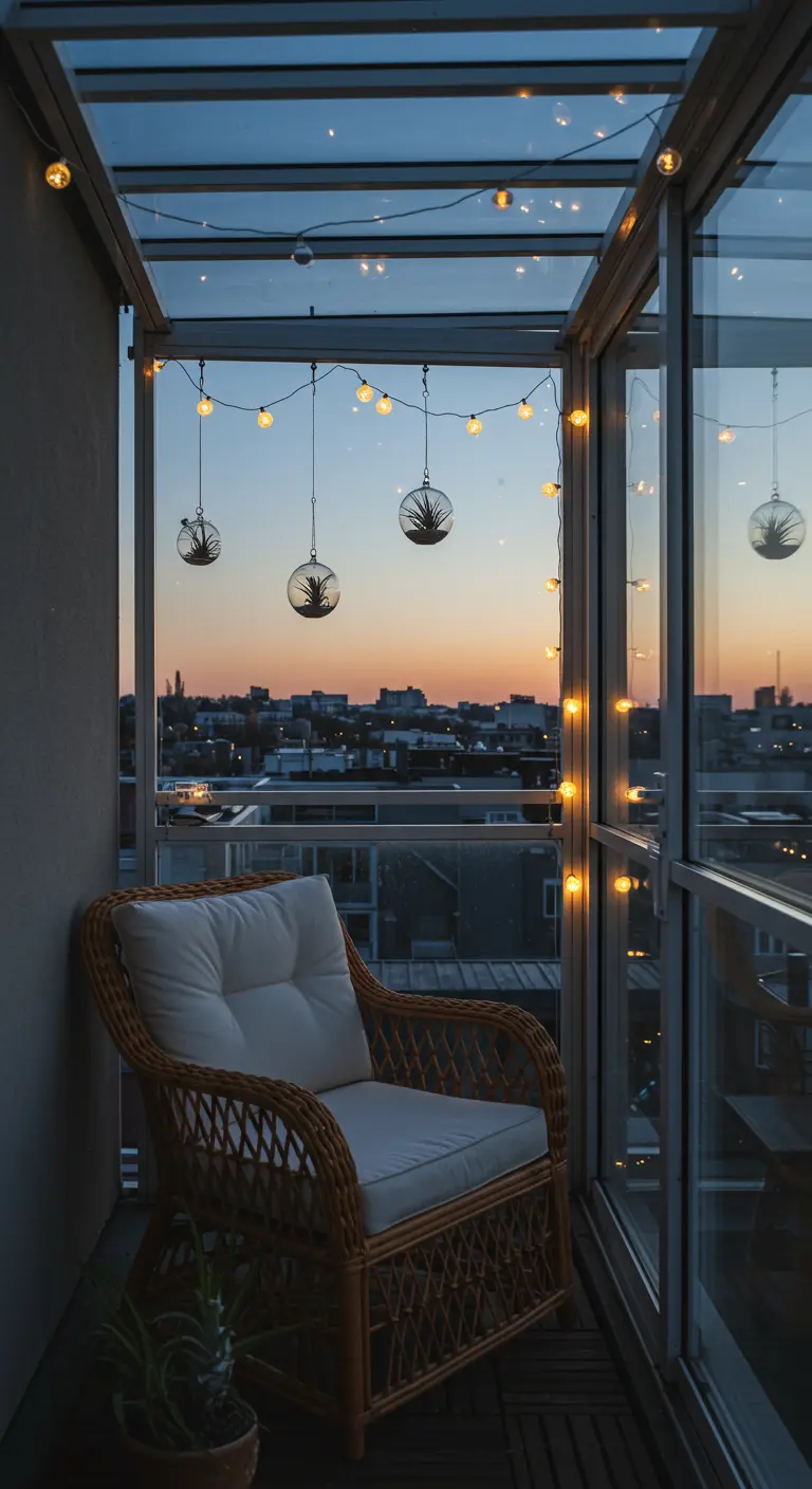 Fauteuil en rotin sur un balcon vitré avec des plantes aériennes suspendues.