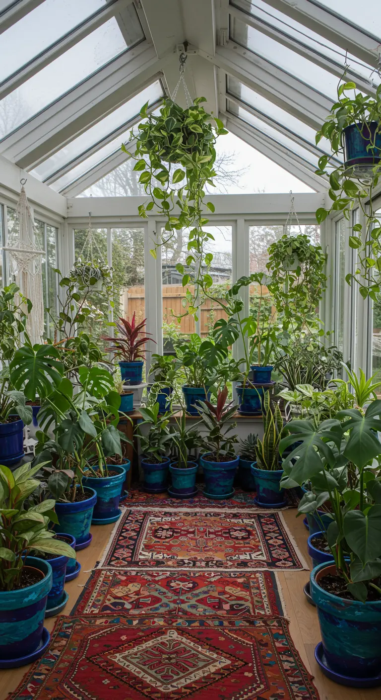 Serre remplie de plantes d'intérieur dans des pots peints en bleu et vert.