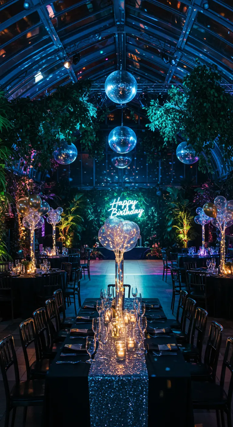 Verrière transformée en salle de fête avec boules disco, lumières néon, plantes et tables élégamment dressées.