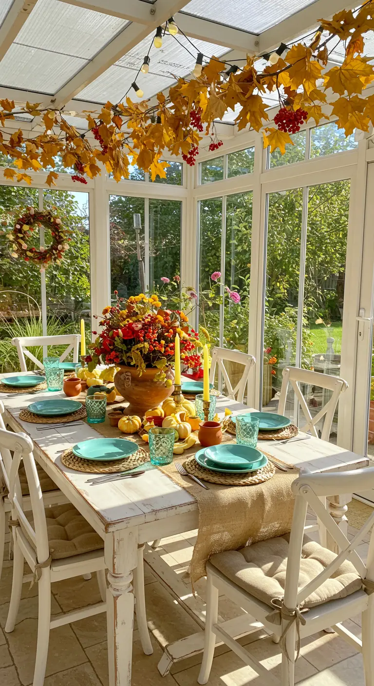 Table dans une véranda décorée de guirlandes de feuilles dorées, un grand centre de table floral et des assiettes turquoises.