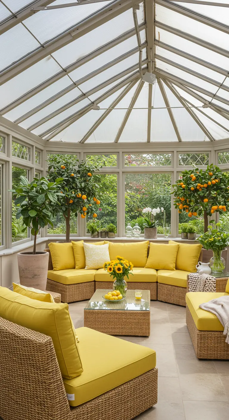 Grand salon d'angle en rotin avec des coussins jaune vif dans une véranda lumineuse, entouré d'orangers en pot.