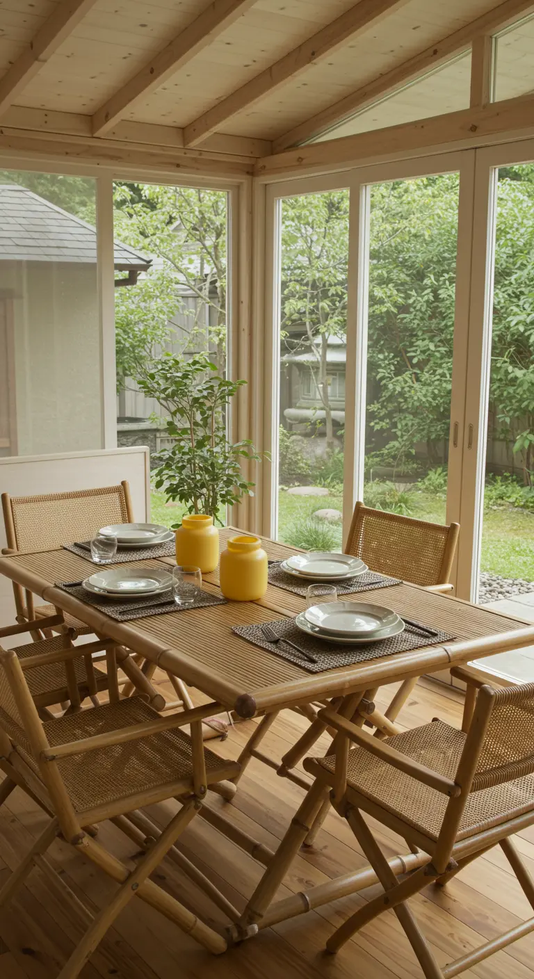 Table et chaises en bambou Japandi dans une véranda, vases jaunes et petite plante.