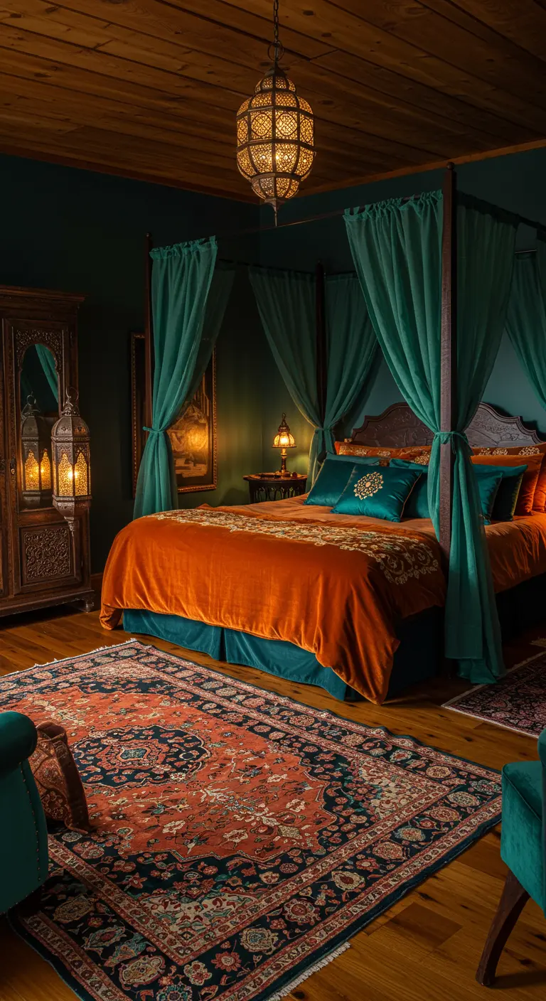 Chambre luxueuse avec un lit à baldaquin, rideaux verts et literie orange.