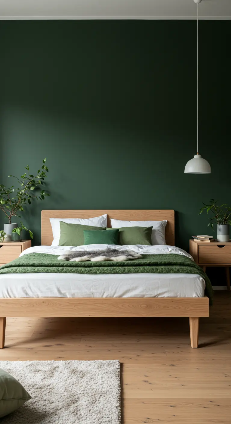 Chambre avec un mur vert foncé, un lit en bois de chêne clair et des plantes vertes.