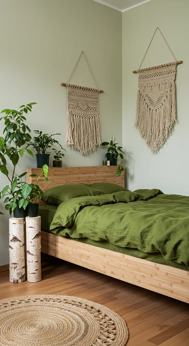 Chambre minimaliste avec lit en bambou, linge de lit vert kaki et plantes sur des rondins de bois.