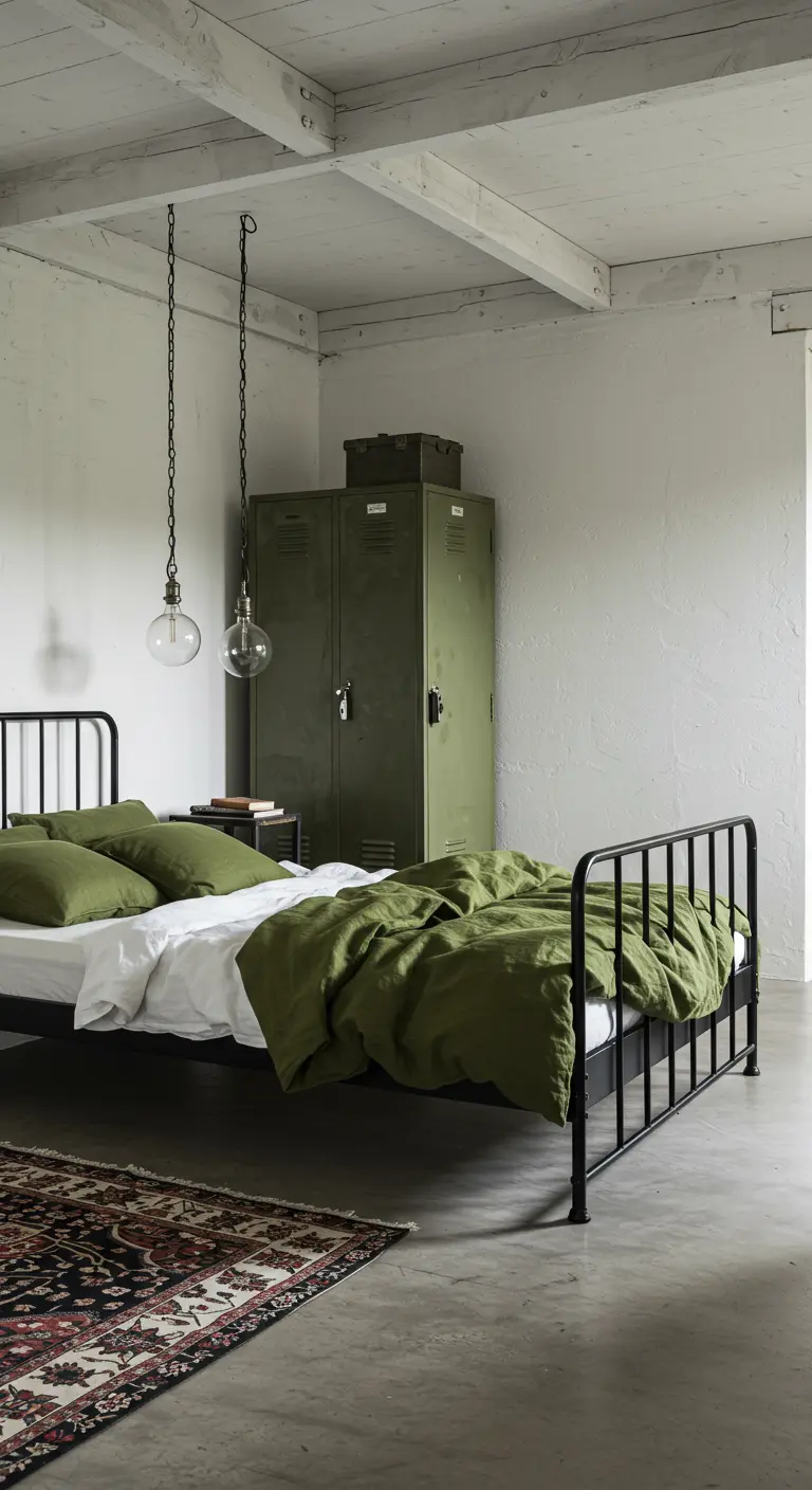 Chambre de style industriel avec un lit en métal noir, du linge vert olive et un casier métallique.