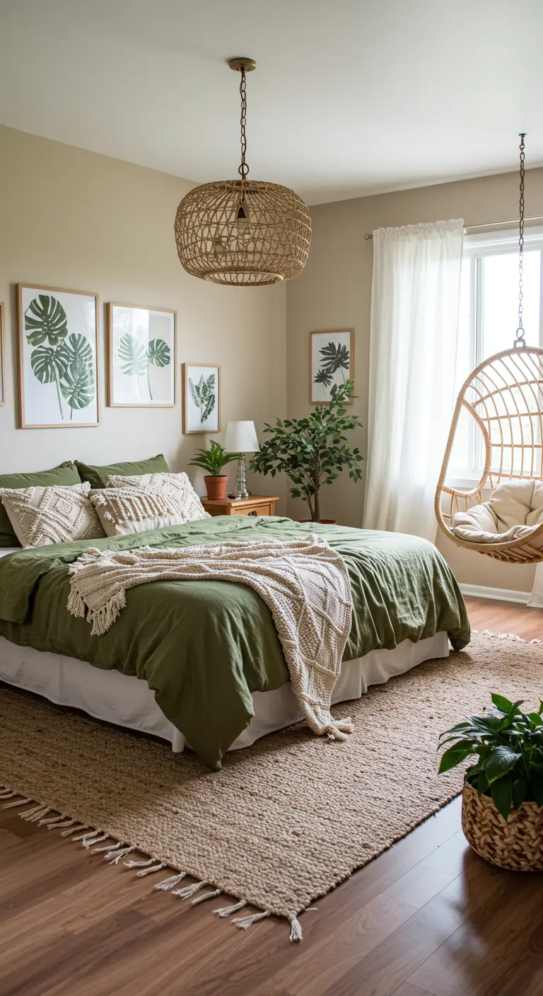 Chambre vert olive avec un fauteuil suspendu en rotin et des décorations en macramé.