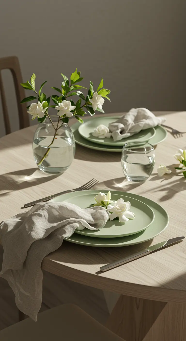 Table en bois clair avec des assiettes vert sauge et des fleurs de gardénia blanc.