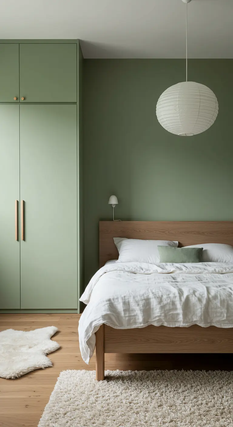 Chambre minimaliste avec murs vert sauge, lit en bois et armoire assortie.
