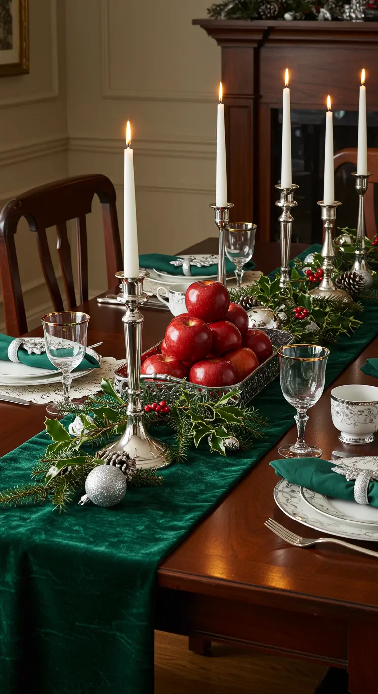 Chemin de table en velours vert avec des chandeliers argentés, des pommes rouges et des décorations de Noël.