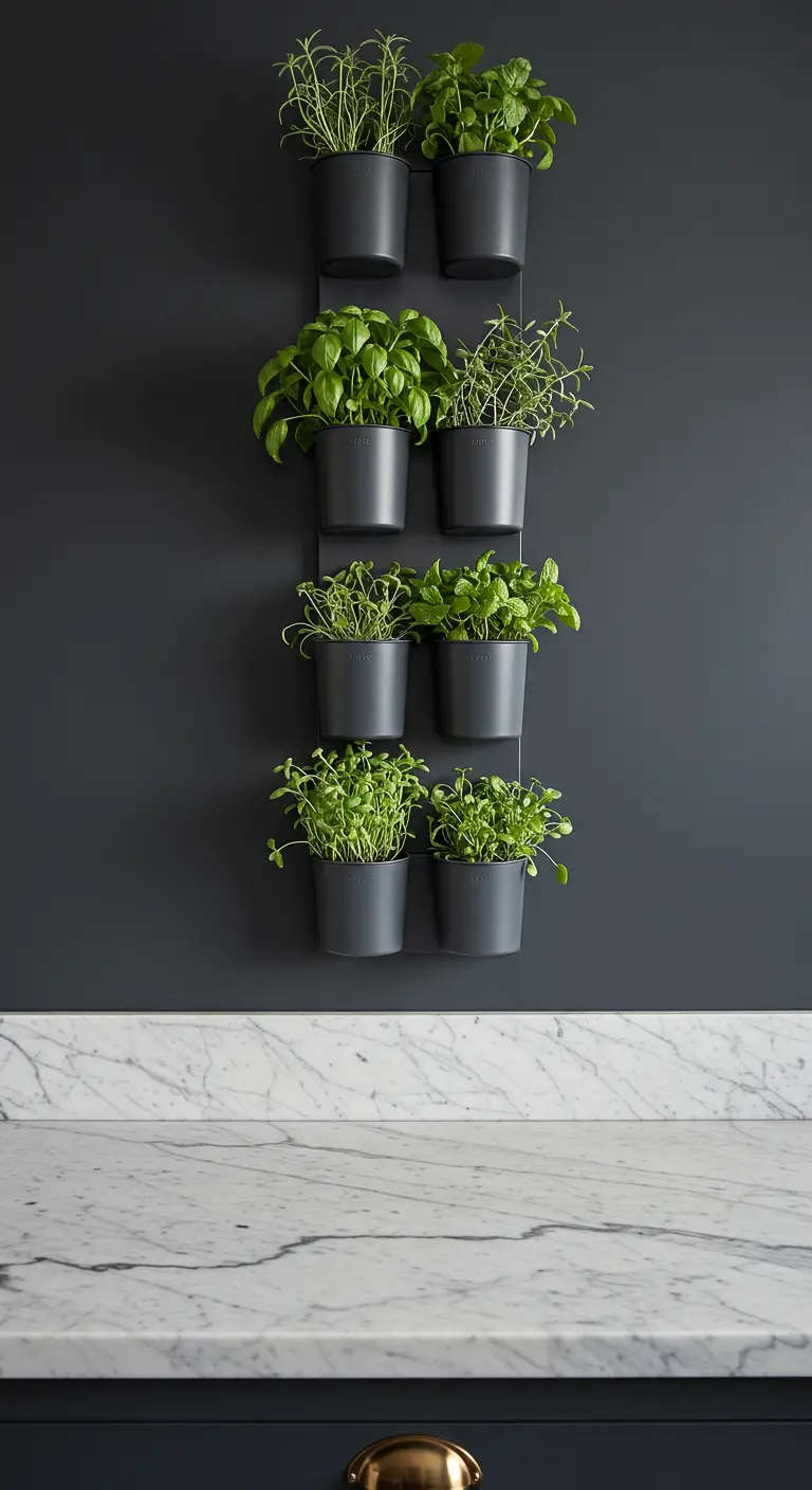 Mur végétal vertical avec six pots noirs et herbes fraîches sur un mur anthracite.